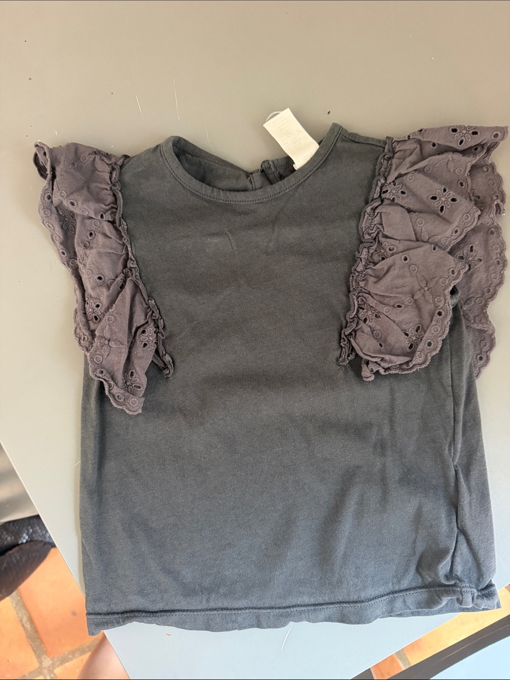 H&M Girls Short Sleeve Top - Gray with Lace Ruffle Sleeves